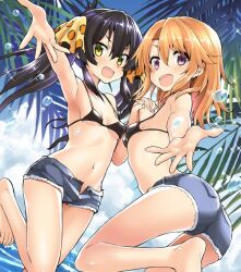  2girls animal_print ass bare_shoulders barefoot beat_shooter_(idolmaster) bikini black_bikini black_hair blue_sky blush bow breasts day denim denim_shorts dot_nose hair_between_eyes hair_ribbon hairbow holding_hands idolmaster idolmaster_cinderella_girls idolmaster_cinderella_girls_starlight_stage interlocked_fingers kazuchi leopard_print long_hair looking_at_viewer matoba_risa multiple_girls navel open_hand open_mouth orange_hair outdoors print_ribbon purple_eyes reaching reaching_towards_viewer ribbon short_shorts shorts sky small_breasts smile sparkle splashing standing standing_on_one_leg swimsuit tree twintails v-shaped_eyebrows water yellow_eyes yellow_ribbon yuuki_haru 