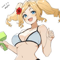  absurdres bigkwl bikini blonde_hair blue_eyes breasts dated drill_hair female flower hair_flower hair_ornament hibiscus highres honolulu_(kancolle) honolulu_(swimsuit_mode)_(kancolle) kantai_collection large_breasts long_hair official_alternate_costume open_mouth red_flower shaka_sign solo swimsuit teeth twin_drills twintails upper_body upper_teeth_only white_background white_bikini 