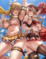  2girls alternate_costume anis_(nikke) armband armpits ass black_thighhighs blue_sky blush breasts brown_eyes brown_hair cheerleader crop_top goddess_of_victory:_nikke hair_between_eyes highleg highleg_panties highres himonoata holding holding_megaphone holding_pom_poms large_breasts leg_ribbon long_hair looking_at_viewer megaphone microskirt midriff multiple_girls navel panties pom_pom_(cheerleading) rapi_(nikke) red_eyes ribbon short_hair side-tie_panties skirt sky smile sweat sweaty_armpits thigh_ribbon thighhighs underboob underwear visor_cap white_panties 