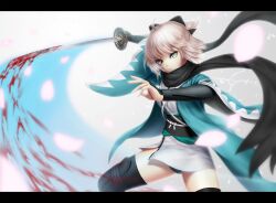  ahoge arm_guards black_bow black_thighhighs blonde_hair blood bow breasts fate/grand_order fate_(series) female grey_eyes hairbow half_updo haori highres japanese_clothes katana kimono koha-ace large_breasts long_sleeves looking_at_viewer masatoki obi okita_souji_(fate) okita_souji_(koha-ace) sash short_hair short_kimono sword thighhighs thighs weapon white_kimono wide_sleeves 