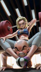  1boy absurdres android_18 bald barbell breasts cleavage clenched_teeth closed_eyes dragon_ball dragon_ball_z exercising female highres husband_and_wife kuririn navel push-ups sitting sitting_on_person smile sports_bra stomach teeth toned topless_male v-shaped_eyebrows veiny_face weightlifting whoareuu 