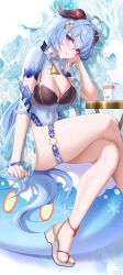  abstract_background absurdres alternate_costume arm_on_table artist_name baby_bottle bell black_one-piece_swimsuit blue_hair bottle bracelet breasts chinese_commentary cleavage commentary_request covered_navel crossed_legs feifu female foot_out_of_frame ganyu_(genshin_impact) genshin_impact goat_horns hand_up head_rest highres horns impossible_clothes impossible_swimsuit incredibly_absurdres jewelry large_breasts long_hair looking_at_viewer neck_bell o-ring o-ring_thigh_strap one-piece_swimsuit parted_lips pink_nails purple_eyes shadow shrug_(clothing) sitting skindentation slime_(genshin_impact) solo swimsuit thigh_strap two-tone_one-piece_swimsuit very_long_hair white_footwear white_one-piece_swimsuit 