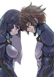  1boy armored_bodysuit blue_bodysuit blue_eyes blue_hair bodysuit breasts brown_hair couple female fortified_suit highres hime_cut impossible_bodysuit impossible_clothes jun_(rellik_&amp;_redrum) long_hair medium_breasts muv-luv_unlimited:_the_day_after pilot_suit sendou_yuzuka short_hair skin_tight smile tatsunami_hibiki 