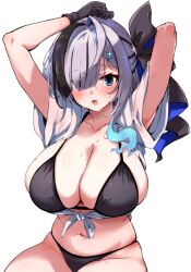  arms_up bikini black_bikini black_gloves black_hair black_ribbon blue_eyes blush breasts cleavage female first_stage_production gloves grey_hair hair_ornament hair_over_one_eye hair_ribbon hirowa_nagi huge_breasts medium_hair multicolored_hair navel ribbon shirt solo sparkle streaked_hair swimsuit tied_shirt transparent_background virtual_youtuber wet white_shirt yuyu_yura 