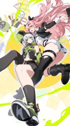  anby_demara ass bare_shoulders black_ribbon black_shorts black_thighhighs breasts crop_top green_eyes hair_ornament hair_ribbon hairclip headphones highres jacket long_hair long_sleeves looking_at_viewer mole nicole_demara pink_hair ribbon short_hair shorts strapless thick_thighs thighhighs thighs tube_top two_side_up white_hair yu_jiu zenless_zone_zero 