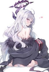  armband ass barefoot black_coat black_horns black_wings blue_archive blush breasts coat demon_horns demon_wings female fur-trimmed_coat fur_trim grey_hair halo heart highres hina_(blue_archive) horns huwari_(dnwls3010) long_hair looking_at_viewer looking_back multiple_horns open_mouth panties purple_eyes red_armband simple_background small_breasts soles solo toes underwear white_background white_panties wings 