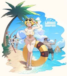  2boys 3girls arm_up beach bikini black_bikini black_male_swimwear black_shorts blonde_hair blue_male_swimwear blush bow breasts brown_hairband cleavage cloud don_quixote_(project_moon) eyewear_on_head glint hairband hairbow heathcliff_(project_moon) highres innertube ishmael_(project_moon) jeehyung_seo large_breasts limbus_company long_hair looking_at_viewer male_swimwear multiple_boys multiple_girls ocean open_mouth orange_hair palm_tree project_moon rope ryoshu_(project_moon) shorts sinclair_(project_moon) smile sparkling_eyes striped_bikini striped_clothes sunglasses swim_ring swimsuit thigh_strap tree very_long_hair white_bikini white_bow yellow_bikini yellow_eyes 