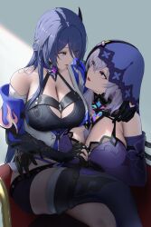  2girls absurdres acheron_(honkai:_star_rail) bandaged_arm bandages bare_shoulders black_choker black_gloves black_shirt black_shorts black_swan_(honkai:_star_rail) boots breasts chain_around_arm chains choker cleavage coat coattails commentary couch criss-cross_halter crop_top crossed_legs detached_sleeves diamond-shaped_pupils diamond_(shape) dress earrings elbow_gloves eyes_visible_through_hair gloves hair_between_eyes hair_ornament hair_over_one_eye halterneck hand_grab hand_on_another&#039;s_waist highres honkai:_star_rail honkai_(series) interlocked_fingers jewelry large_breasts looking_at_another midriff multiple_girls open_mouth orange_eyes paid_reward_available parted_lips purple_dress purple_eyes purple_hair purple_sleeves purple_veil shirt shorts sitting sitting_on_lap sitting_on_person smile symbol-shaped_pupils thigh_boots two-tone_eyes white_coat yumeto_(ym-1) yuri 