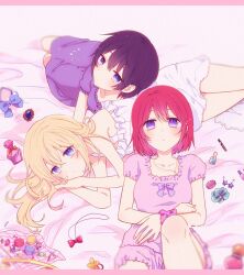  3girls alternate_costume anoko_(darenokoanoko) black_hair blonde_hair blue_eyes closed_mouth commentary_request expressionless fingernails food kairi_(kingdom_hearts) kingdom_hearts kingdom_hearts_iii long_hair looking_at_viewer lying macaron medium_hair multiple_girls namine on_bed puffy_short_sleeves puffy_sleeves red_hair short_hair short_sleeves xion_(kingdom_hearts) 