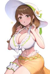  :o absurdres bikini braid braided_ponytail breasts bridal_garter brown_hair cleavage commentary_request female fire_emblem fire_emblem_engage fire_emblem_heroes flower flower_hat frilled_bikini frills goldmary_(fire_emblem) goldmary_(summer)_(fire_emblem) gonzarez hat highres huge_breasts long_hair looking_at_viewer mole mole_on_breast navel official_alternate_costume sarong simple_background skindentation solo swimsuit thighs white_background white_bikini white_flower white_hat 