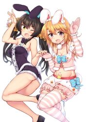  2girls animal_ears animal_print ass bare_shoulders beat_shooter_(idolmaster) black_bow black_bowtie black_footwear black_hair black_shirt black_shorts bloomers blue_bow blue_bowtie blush bow bowtie bra_strap breasts choker cleavage collarbone crop_top cropped_shirt dress_bow elbow_gloves fake_animal_ears fake_tail frilled_shirt frills fur-trimmed_choker fur-trimmed_shirt fur-trimmed_shorts fur_trim gloves hair_between_eyes hair_ribbon hairbow hand_up highres holding_hands idolmaster idolmaster_cinderella_girls idolmaster_cinderella_girls_starlight_stage kazuchi leopard_print long_hair looking_at_viewer matoba_risa midriff multiple_girls navel off-shoulder_shirt off_shoulder one_eye_closed open_mouth orange_hair pink_bloomers pink_gloves pink_shirt pink_thighhighs pom_pom_(clothes) print_ribbon purple_eyes rabbit_ears rabbit_tail red_choker ribbon shirt shoes short_sleeves shorts simple_background sleeveless sleeveless_shirt small_breasts smile standing standing_on_one_leg striped_bow striped_bowtie striped_clothes striped_gloves striped_thighhighs tail thighhighs twintails white_background white_footwear white_shorts yellow_eyes yellow_ribbon yuuki_haru 