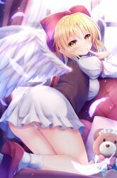  angel angel_wings ass bare_legs bent_over blonde_hair blush bow breast_press breasts brown_vest commentary_request feathered_wings feathers female finger_to_mouth from_behind from_side full_body gengetsu_(touhou) hairbow highres indoors kneeling leaning_forward long_hair long_sleeves looking_at_viewer looking_back medium_breasts midriff natsu_(927013) open_clothes open_vest panties pointing pointing_at_self red_bow shirt smile solo stuffed_animal stuffed_toy teddy_bear thighs touhou touhou_(pc-98) underwear upskirt vest white_panties white_shirt white_wings wings wings_through_clothes yellow_eyes 