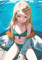  :&lt; bikini breasts collarbone commentary female gakuen_idolmaster green_bikini highres idolmaster jacket long_hair long_sleeves looking_at_viewer minertime navel orange_eyes pool shinosawa_hiro sitting small_breasts swimsuit thighs white_jacket 