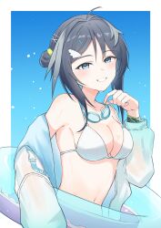  absurdres ahoge arknights bikini black_hair breasts collarbone female goggles goggles_around_neck hair_intakes hair_ornament hairclip highres innertube jacket jacket_over_swimsuit k@bu la_pluma_(arknights) la_pluma_(summer_flowers)_(arknights) long_sleeves looking_at_viewer medium_breasts navel off_shoulder official_alternate_costume open_clothes open_jacket short_hair smile solo swim_ring swimsuit upper_body white_bikini 