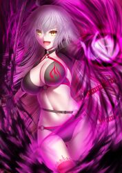  ahoge aura belt bikini black_bikini black_gloves black_jacket blush breasts choker cleavage collarbone cropped_jacket dark_aura fate/grand_order fate_(series) female gloves grey_hair highres jacket jeanne_d&#039;arc_alter_(fate) jeanne_d&#039;arc_alter_(swimsuit_berserker)_(fate) katana large_breasts long_hair long_sleeves looking_at_viewer masatoki navel o-ring o-ring_bikini open_mouth outstretched_arm red_thighhighs sheath shrug_(clothing) single_thighhigh smile solo swimsuit sword thigh_strap thighhighs thighs very_long_hair weapon yellow_eyes 