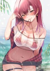  absurdres adjusting_hair alternate_hairstyle bare_shoulders beach black_jacket blurry blurry_foreground blush breasts collarbone commentary_request earrings female heart heart_earrings heart_pendant highres hinoki_kahun0 hololive houshou_marine houshou_marine_(summer) jacket jewelry large_breasts long_hair mouth_hold navel ocean off-shoulder_shirt off_shoulder open_clothes open_jacket red_eyes red_hair see-through see-through_shirt shirt solo virtual_youtuber wet wet_clothes wet_shirt white_shirt yellow_eyes 