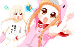  2girls :3 animal_costume bad_id bad_pixiv_id blonde_hair bracelet clothes_writing collar cosplay explosion_psycho futaba_anzu highres hood hoodie ichihara_nina idolmaster idolmaster_cinderella_girls jewelry kigurumi multiple_girls rabbit rabbit_costume red_hair shirt stuffed_toy t-shirt twintails zipper 