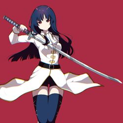  arm_behind_back ascot belt black_hair blue_thighhighs blurry commentary cowboy_shot depth_of_field female gintama head_tilt highres holding holding_weapon imai_nobume katana long_hair looking_at_viewer military military_uniform red_background red_eyes short_shorts shorts solo standing sword takae_(poupee_en_biscuit) thighhighs thighs tsuba_(guard) tsuka-ito tsuka_(handle) uniform weapon 