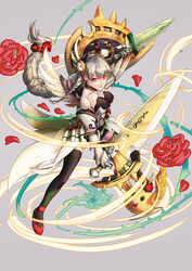  armor armored_dress bare_shoulders black_dress black_gloves black_thighhighs bow braid chelonia collarbone commentary_request creature dagger dress dual_wielding earrings elbow_gloves feathered_wings female flower full_body gauntlets gloves grey_background grey_hair hair_ornament hairbow halterneck holding jewelry king_shynee_(p&amp;d) knife light_valkyrie_(p&amp;d) long_hair open_mouth petals photoshop_(medium) plant puzzle_&amp;_dragons red_eyes red_flower red_rose rose shield short_dress simple_background solo sword thighhighs thorns tri_braids valkyrie valkyrie_(p&amp;d) very_long_hair vines weapon wings 