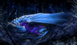  2018 ambiguous_gender closed_eyes detailed_background digital_media_(artwork) dragon duo european_mythology feathered_dragon feathered_scalie feathered_wings feathers feral forest fur furred_dragon furred_scalie glacius_draconian horn isvoc lying membrane_(anatomy) membranous_wings mythological_creature mythological_scalie mythology night outside plant purple_body purple_feathers purple_fur riley_(jendays) scalie spines tail tree western_dragon wings 