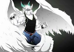  angel_dragon anthro belt big_muscles bottomwear clothing dragon feathered_dragon feathered_scalie feathered_wings feathers joaobear male muscular muscular_anthro muscular_male mythological_creature mythological_scalie mythology pants scalie sckhar shirt solo tail tank_top topwear vein whiskers wings 