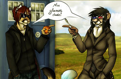  anthro british_broadcasting_corporation clothed clothing cosplay digital_media_(artwork) doctor_who duo english_text eyewear felid female food glasses hi_res kris_(excitedcargoyle) male mammal monstercheetah satsuma shaded smile sonic_screwdriver standing sunglasses tardis tenth_doctor text the_doctor_(doctor_who) 