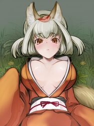  animal_ears breasts cleavage commentary_request female fox_ears fox_tail highres japanese_clothes kimono kongiku large_breasts leaf leaf_on_head looking_at_viewer lying oboro_muramasa on_back orange_eyes silver_hair solo tail you_naka 