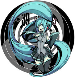  aqua_eyes aqua_hair bad_id bad_pixiv_id detached_sleeves female hatsune_miku headphones long_hair manbou_no_ane necktie open_mouth skirt smile solo thighhighs twintails very_long_hair vocaloid zettai_ryouiki 