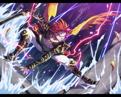  1boy angry boots commentary_request fighting_stance full_body knee_boots kyousaku letterboxed male_focus mygrimoire pants red_hair solo squatting sword topless_male waka-sama_(mygrimoire) weapon wings yellow_eyes 