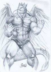  angel_dragon anthro avoid_posting clothed clothing dragon elranno hi_res male muscular muscular_anthro muscular_male mythological_creature mythological_scalie mythology scalie sckhar solo topless 