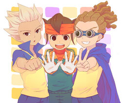  3boys brown_hair cape clenched_hand commentary_request dreadlocks endou_mamoru goggles gouenji_shuuya grin headband inazuma_eleven inazuma_eleven_(series) kidou_yuuto male_focus multiple_boys photoshop_(medium) raimon shiho_(pixiv) smile soccer_uniform spiked_hair sportswear v white_hair 