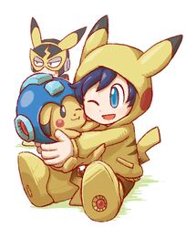  ambiguous_gender armor capcom clothing crossover daww elec_man generation_1_pokemon group hakusoto headgear helmet hug humanoid machine male mega_man_(character) mega_man_(series) megaman_(classic) nintendo pikachu pokemon pokemon_(species) robot 