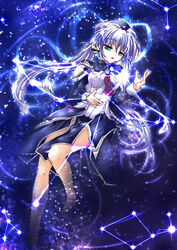  bad_id bad_pixiv_id bare_legs blue_hair blue_theme constellation cygnus_(constellation) female green_eyes groin hair_ribbon half-closed_eyes hand_up hat highres hoshino_yumemi long_hair lyra_(constellation) musashinomiya_(jnr-m) necktie open_mouth pelvic_curtain planetarian purple_hair red_necktie ribbon robot_ears sagitta_(constellation) sky solo sparkle star_(sky) star_map starry_sky transparent_ribbon uniform very_long_hair 