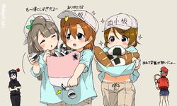  5girls anger_vein baseball_cap basket belt blush bow bread brown_hair cabbie_hat closed_eyes commentary_request cosplay denim denim_shorts food grey_hair hairbow hat hataraku_saibou hoshizora_rin jacket killer_t_(hataraku_saibou) killer_t_(hataraku_saibou)_(cosplay) kindergarten_uniform koizumi_hanayo kosaka_honoka long_hair love_live! love_live!_school_idol_project minami_kotori multiple_girls navel platelet_(hataraku_saibou) platelet_(hataraku_saibou)_(cosplay) printemps_(love_live!) purple_hair red_blood_cell_(hataraku_saibou) red_blood_cell_(hataraku_saibou)_(cosplay) red_hair shirt_basket short_hair short_sleeves shorts sonoda_umi star_(symbol) translation_request turbo_engine_(rakugaki_tabo) underwear 