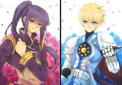  2boys alternate_costume armor belt black_hair blonde_hair blue_eyes blue_flower blue_rose cape ceru coat commentary_request flower flynn_scifo gloves high_ponytail highres knight long_hair male_focus messy_hair multiple_boys official_alternate_costume pauldrons petals photoshop_(medium) ponytail purple_eyes red_flower red_rose rose rose_petals shoulder_armor smile tales_of_(series) tales_of_vesperia yuri_lowell yuri_lowell_(true_knight) 