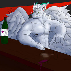  1:1 alcohol angel_dragon anthro beverage bottle clothed clothing container dragon green_eyes grin hi_res keabo male muscular muscular_anthro muscular_male mythological_creature mythological_scalie mythology nipples scalie sckhar smile solo topless wine 