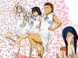  3boys 3girls anjou_naruko ano_hi_mita_hana_no_namae_wo_bokutachi_wa_mada_shiranai. barefoot black_hair blue_eyes blue_hair blush brown_eyes brown_hair cancan_dance commentary_request cosplay crossdressing dress facepalm feet glasses grey_hair hisakawa_tetsudou honma_meiko honma_meiko_(cosplay) kisen_shijima long_hair matsuyuki_atsumu multiple_boys multiple_girls open_mouth photoshop_(medium) short_hair simple_background translated tsurumi_chiriko white_dress yadomi_jinta 