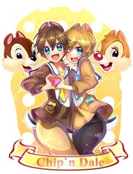  2boys absurdres animal_ears animification artist_name bad_id bad_pixiv_id blue_eyes brown_hair character_name chip_(disney) dale_(disney) disney heart heart_hands heart_hands_duo highres looking_at_viewer maianh male_focus multiple_boys one_eye_closed open_mouth personification sailor_collar tail v white_background 