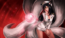  :d ahri_(league_of_legends) alternate_costume animal_ears bad_link black_hair bow breasts cleavage contrapposto cosplay cowboy_shot energy_ball facial_mark female fox_ears fox_tail funded generation_ahri genie_(song) girls&#039;_generation glowing goomrrat hand_on_own_face hand_on_own_thigh hat hat_bow highres league_of_legends legs_apart long_hair long_sleeves looking_at_viewer medium_breasts military military_uniform multiple_tails naval_uniform open_mouth peaked_cap photoshop_(medium) short_shorts shorts slit_pupils sm_entertainment smile solo standing tail uniform whisker_markings yellow_eyes 