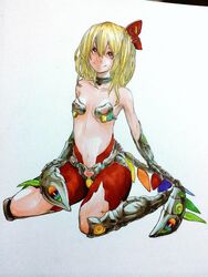  alternate_costume alternate_wings bare_shoulders blonde_hair commentary_request female flandre_scarlet full_body hair_between_eyes hair_ribbon mechanical_wings osome_tei red_eyes ribbon short_hair side_ponytail sitting smile solo touhou traditional_media wariza wings 