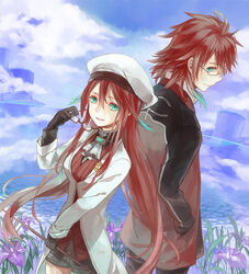  1boy ascot aty_(summon_night) beret cloud commentary_request day female flower glasses green_eyes hat holding holding_removed_eyewear horizon jacket mountain multicolored_hair photoshop_(medium) red_hair rexx shinono short_shorts shorts summon_night summon_night_5 sweater two-tone_hair unworn_eyewear 