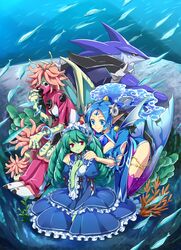  2boys 2girls ars_goetia blue_eyes blue_hair colored_skin commentary_request dress fish fish_boy focalor_(mygrimoire) forehead_jewel forneus_(mygrimoire) frills green_hair green_skin highres horns kyousaku leviathan_(mygrimoire) long_hair mermaid monster_boy monster_girl multiple_boys multiple_girls mygrimoire pointy_ears purple_legwear red_eyes ringlets shark smile thighhighs underwater vepar_(mygrimoire) yellow_eyes 