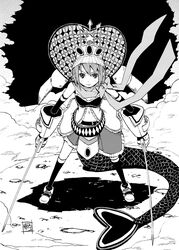  asymmetrical_clothes cape commentary_request dual_wielding female fins fish_tail fusion gauntlets greyscale holding karu_(ishiken) kneehighs mahou_shoujo_madoka_magica mahou_shoujo_madoka_magica_(anime) miki_sayaka miki_sayaka_(magical_girl) monochrome monster_girl navel oktavia_von_seckendorff scarf short_hair socks spoilers sword tail weapon 