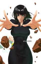  1boy bald black_dress black_hair dress female fubuki_(one-punch_man) green_eyes jeffrey_cruz looking_at_viewer one-punch_man rock saitama_(one-punch_man) 