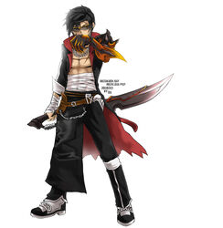  1boy alternate_costume asymmetrical_clothes bandages black_hair black_pants coat commentary_request dated elsword full_body glasses highres ivy60530 jewelry male_focus mechanical_arms midriff_sarashi necklace pants photoshop_(medium) raven_cronwell reckless_fist_(elsword) reverse_grip sarashi scar shoes single_mechanical_arm solo sword topless_male weapon white_background 