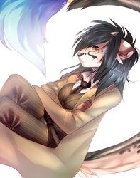  anthro black_hair brown_eyes clothed clothing coat crossed_arms dk- felid female fur hair horn kris_(excitedcargoyle) looking_at_viewer mammal necktie pinstripes smile solo topwear trenchcoat 