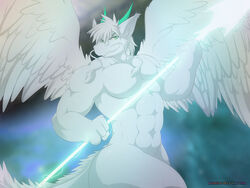  2013 4:3 abs angel_dragon anthro biceps dragon feathered_dragon feathered_scalie feathered_wings feathers green_eyes horn magic male melee_weapon muscular muscular_anthro muscular_male mythological_creature mythological_scalie mythology nude pecs polearm scalie sckhar solo spear tail ursofofinho weapon whiskers wings 