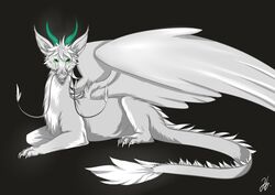  angel_dragon dragon feathered_dragon feathered_scalie feathered_wings feathers feral fur furred_dragon furred_scalie green_eyes looking_at_viewer male mythological_creature mythological_scalie mythology scalie sckhar shin_jii solo tail wings 