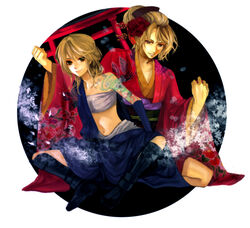  1boy blonde_hair boots female flower hadanugi_dousa hair_flower hair_ornament highres japanese_clothes kagamine_hachi-hachi_hana_no_kassen_(vocaloid) kagamine_len kagamine_rin kimono navel open_clothes open_kimono otoko_no_ko photoshop_(medium) reverse_trap sarashi sitting smile tattoo vocaloid yucco 