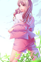  breasts brown_eyes brown_hair commentary_request female formal grass harihisa lips long_hair medium_breasts pantylines photoshop_(medium) solo suit tina_(toriko) toriko_(series) 